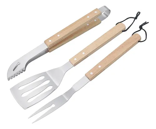 Set Parrillero Acero Inoxidable 3 Piezas Mango Madera