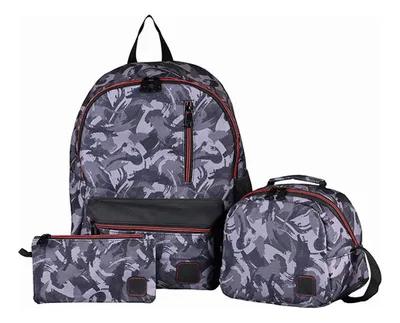 Mochila Escolar Set Completo Negro Camuflaje Coral Claro