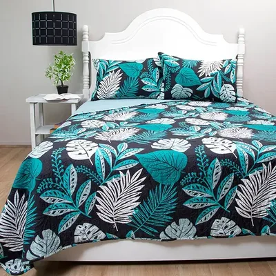 Quilt Hotpress Estampado 2 Plazas Jungla Petróleo Coral Claro