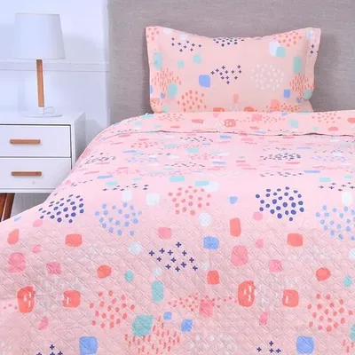 Quilt Colcha Estampada Reversible 1.5 Plaza Poliéster Coral Claro
