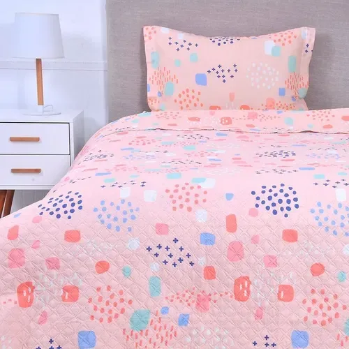 Quilt Colcha Estampada Reversible 1.5 Plaza Poliéster Coral Claro