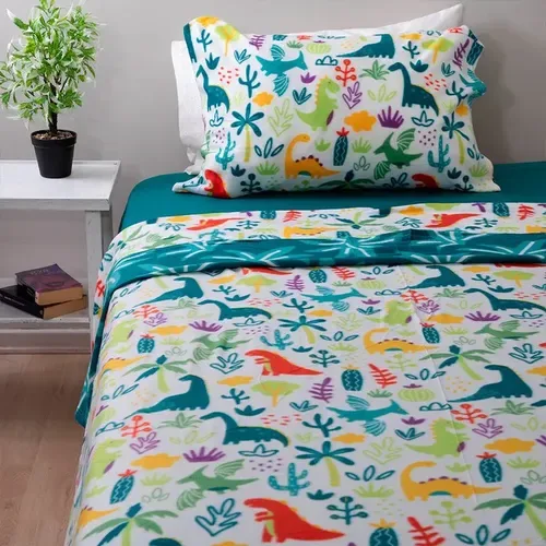 Set De Sábanas Polar Infantil 1.5 Plazas Estampadas Verde Oscuro