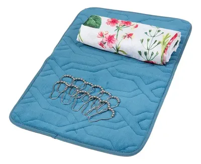 Set De Baño Cortina Alfombra Ganchos Poliéster