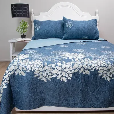 Quilt Estampado 2 Plazas Poliéster Flor Azul Azul