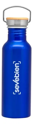 Botella De Aluminio Con Tapa De Acero Y Detalles En Bambú Azul