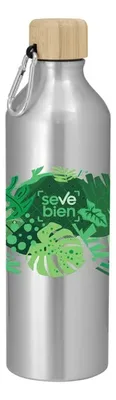 Botella De Aluminio Con Tapa De Bambú Y Mosquetón Plateado