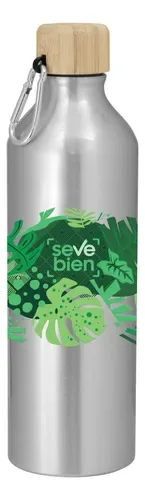 Botella De Aluminio Con Tapa De Bambú Y Mosquetón Plateado