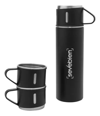 Termo De Acero Inoxidable 500 Ml Con Tazas Negro