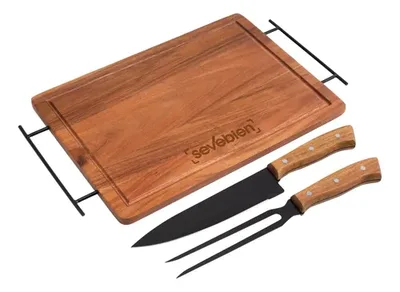 Set De Asado Tabla Madera Acero Inoxidable
