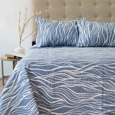 Quilt Estampado 2 Plazas Ondas Poliéster Azul