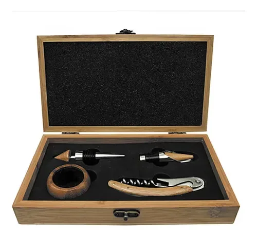 Set De Vino Bambú W1 Caja Regalo Accesorios Completos