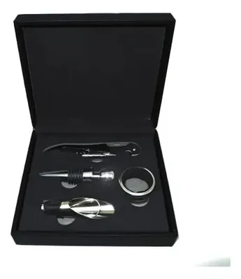 Set De Vino 4 Accesorios Estuche Símil Cuero