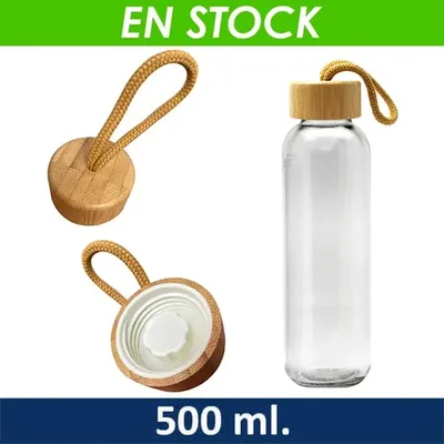 Botella Vidrio 500ml Tapa Bambú Personalizable