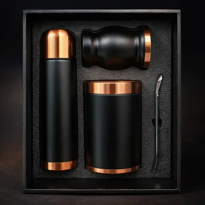 Set De Mate Negro/cobre Con Bolso Mat02 Acero Inoxidable