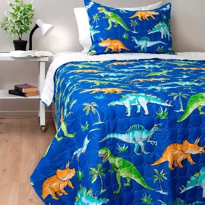 Quilt Sherpa Infantil 1.5 Plazas Dinosaurios Coral Claro