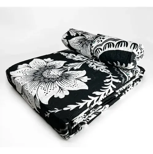 Quilt Estampado 2 Plazas Poliéster Floral Negro