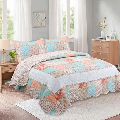 Quilt Patchwork Flores Coral Calipso 1.5 Plazas Coral Claro