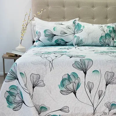 Quilt Hotpress Estampado 2 Plazas Flor Blanco Turquesa Coral Claro