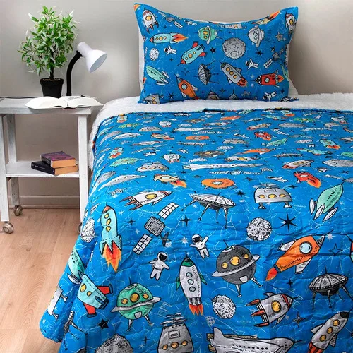 Quilt Sherpa Infantil 1.5 Plazas Nave Espacial Coral Claro