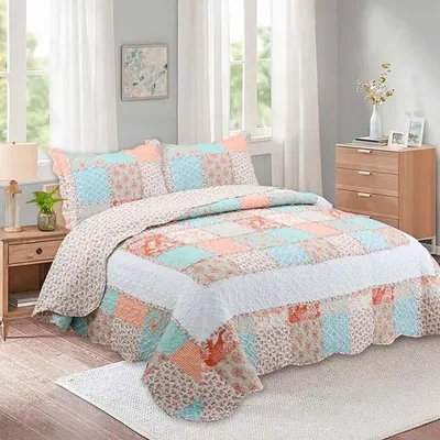 Quilt Patchwork Flores Coral Poliéster 2 Plazas Coral
