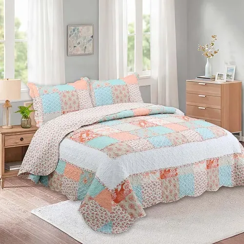 Quilt Patchwork Flores Coral Poliéster 2 Plazas Coral