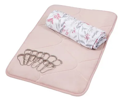 Set De Baño Cortina Alfombra Ganchos Poliéster Coral Claro