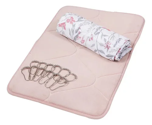 Set De Baño Cortina Alfombra Ganchos Poliéster Coral Claro
