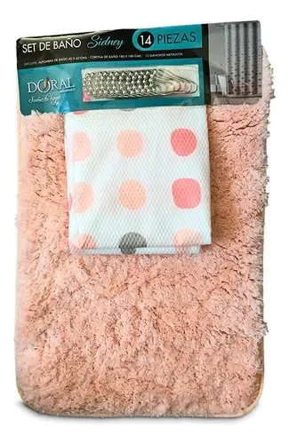 Set De Baño 14 Piezas Cortina Alfombra Poliéster Coral Claro