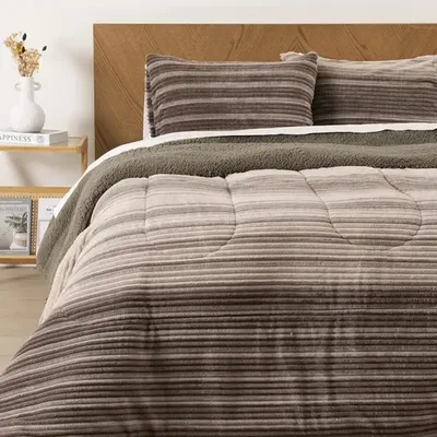 Plumón Corduroy Sherpa Super King Líneas Visón Coral Claro