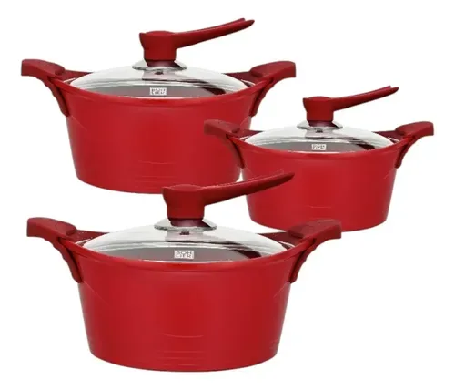 Batería De Cocina Aluminio 6 Piezas Antiadherente Rojo