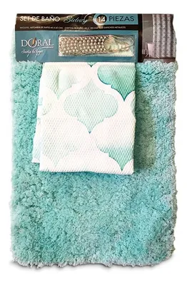 Set De Baño Cortina Alfombra 14 Piezas Poliéster Coral Claro