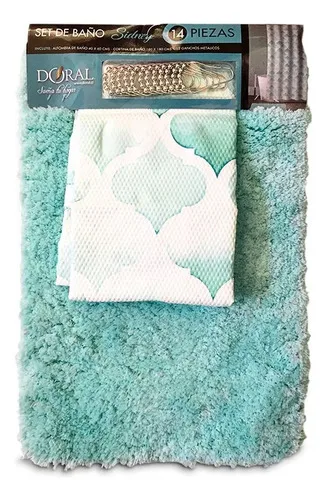 Set De Baño Cortina Alfombra 14 Piezas Poliéster Coral Claro