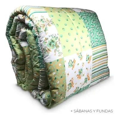 Set De Sábanas 1.5 Plazas Con Plumón Estampado Flores Verde Oscuro