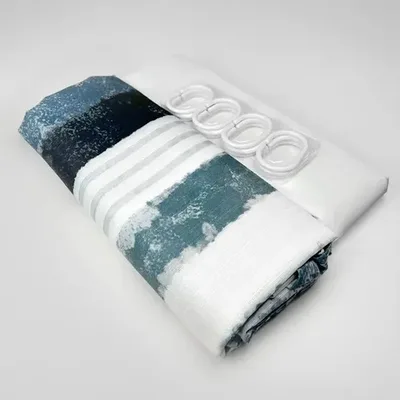 Cortina De Baño Poliéster Franjas Azul Celeste Coral Claro