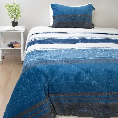 Cubrecama Sherpa Térmico 1.5 Plazas Azul Blanco Coral Claro