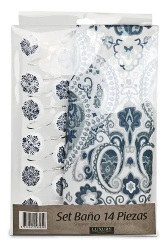 Set De Baño Cortina Tela Poliéster Con Ganchos Azul