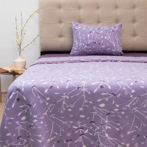 Set De Sábanas Polar 1.5 Plazas Bicolor Lila Blanco Verde Oscuro