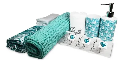 Set De Baño 18 Piezas Cerámica Diseño Hojas Coral Claro