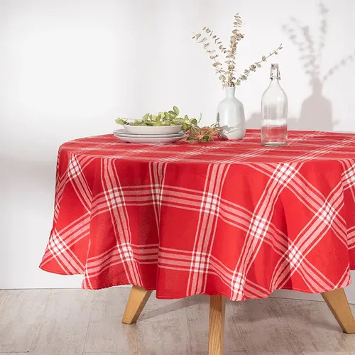 Mantel Redondo Tartán 180cm Algodón Poliéster Rojo
