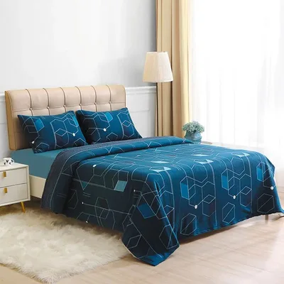 Set De Sábanas Polar King Geométrico Azul Celeste Verde Oscuro