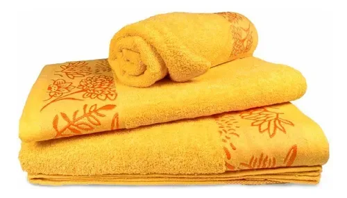 Set De 3 Toallas Bordadas Algodón 100% Luxor Amarillo Bordado Floral