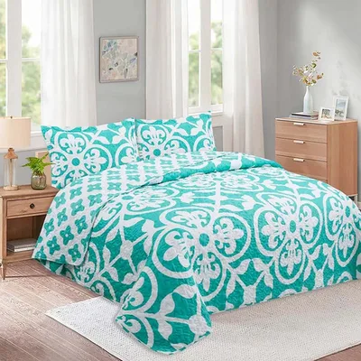 Quilt Estampado Reversible 2 Plazas Poliéster Turquesa