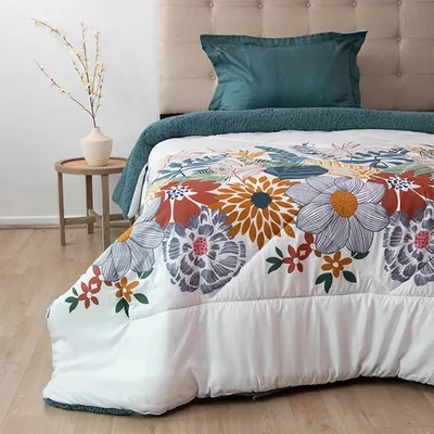 Plumón Sherpa Estampado Deluxe 1.5 Plazas Floral Coral Claro