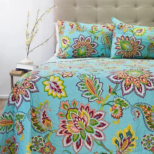Quilt Stitchy Estampado 2 Plazas Flores Turquesa Coral Claro