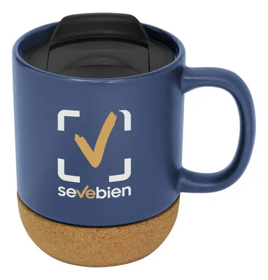 Taza Cerámica Con Tapa Y Base De Corcho Azul