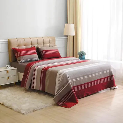 Set De Sábanas Polar 1.5 Plazas Franjas Taupe Rojo Verde Oscuro