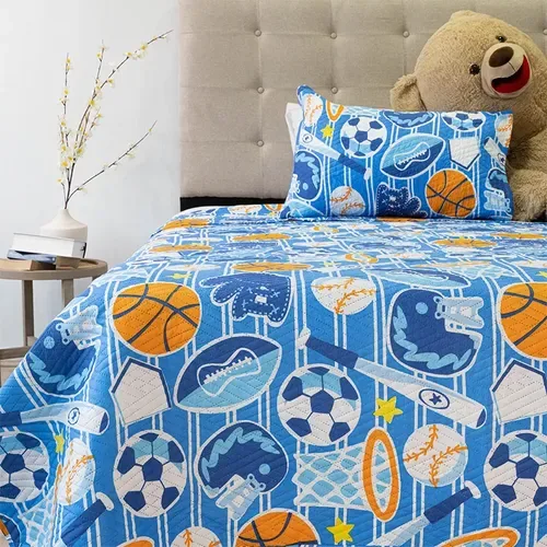 Quilt Hotpress Estampado Infantil 1.5 Plazas Deportes Coral Claro