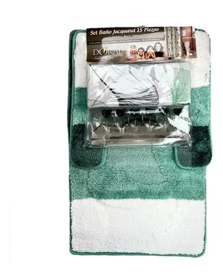 Set De Baño 15 Piezas Jacquard Franjas Petróleo Menta Blanco
