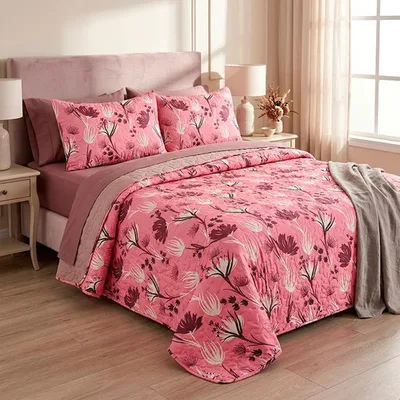 Edredón De 1.5 Plazas Estampado Flor Rosado Morado