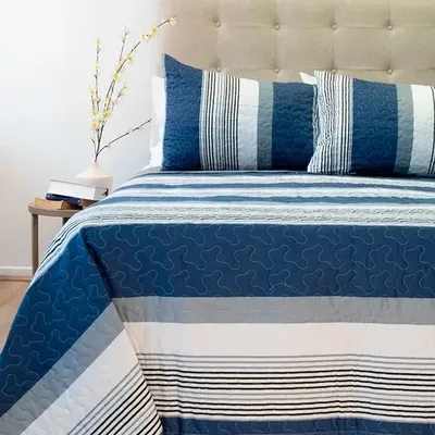 Quilt Estampado Franjas Turquesa Blanco 2.5 Plazas